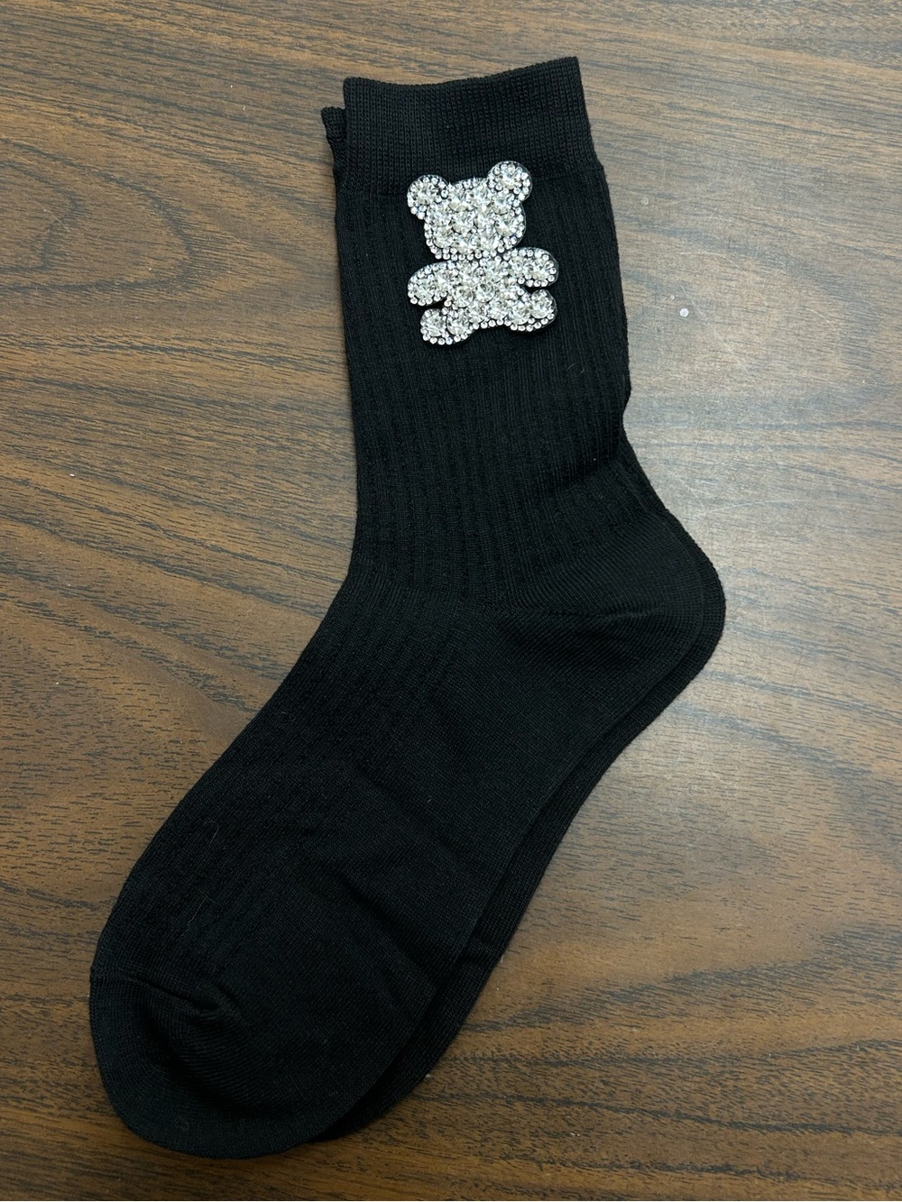New Adult Black Crew Socks with Clear Bejeweled Bear Accents